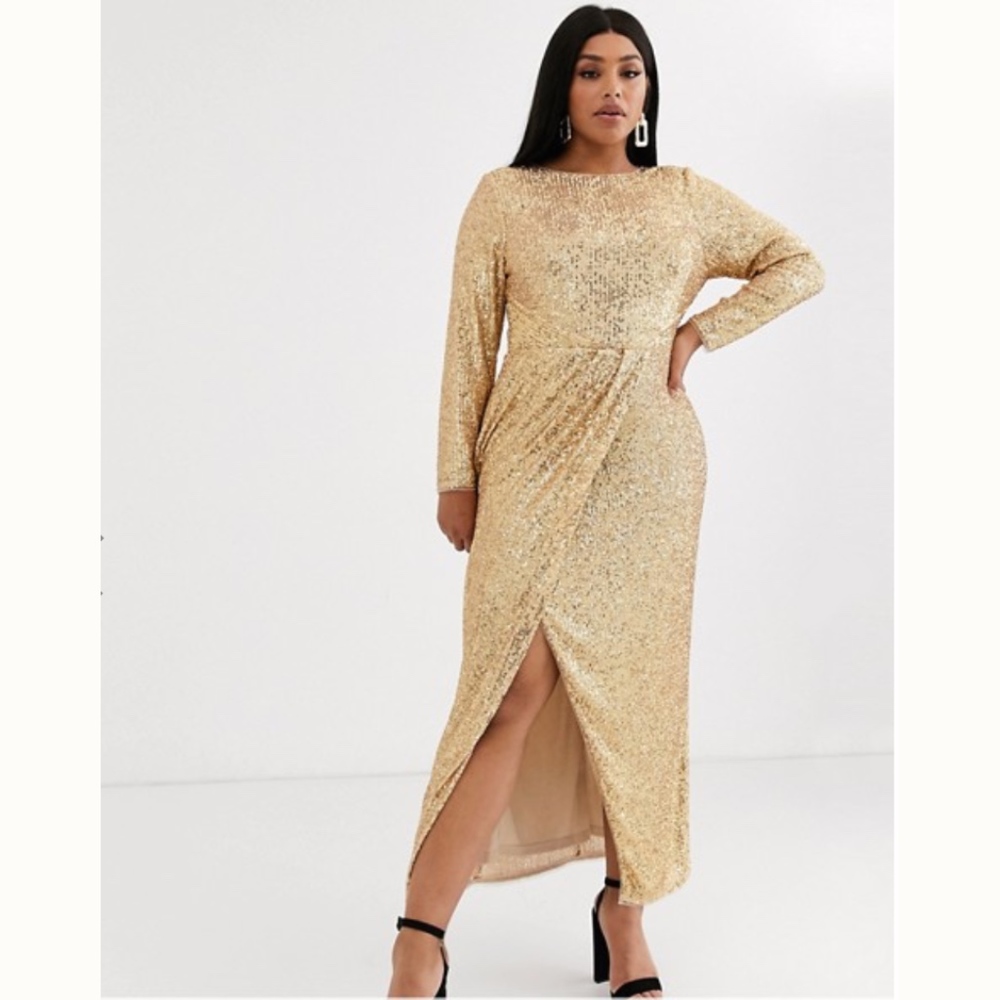 TFNC Plus Wrap Maxi Dress in Gold Sequins US20